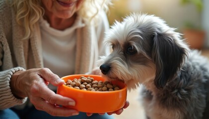 Elderly woman lovingly feeds fluffy gray dog from orange bowl indoors. Close-up shot emphasizes tender bond, companionship between senior owner, pet, moments of care, affection at home.