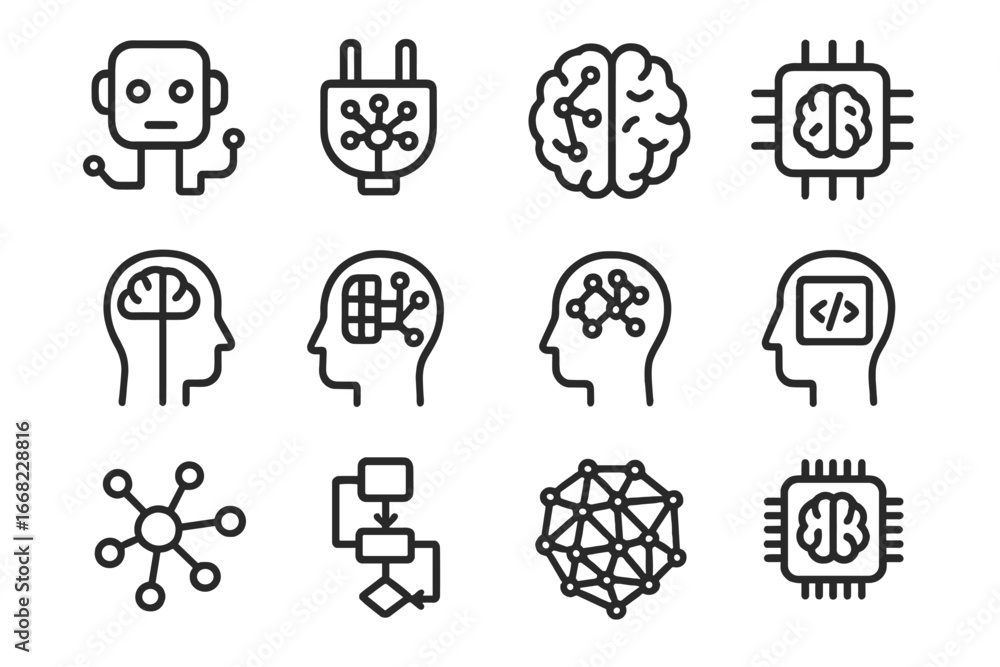 Poster ai integration icons. outline icon set of neural ai integration: cognitive bot, neural plug-in, ai b
