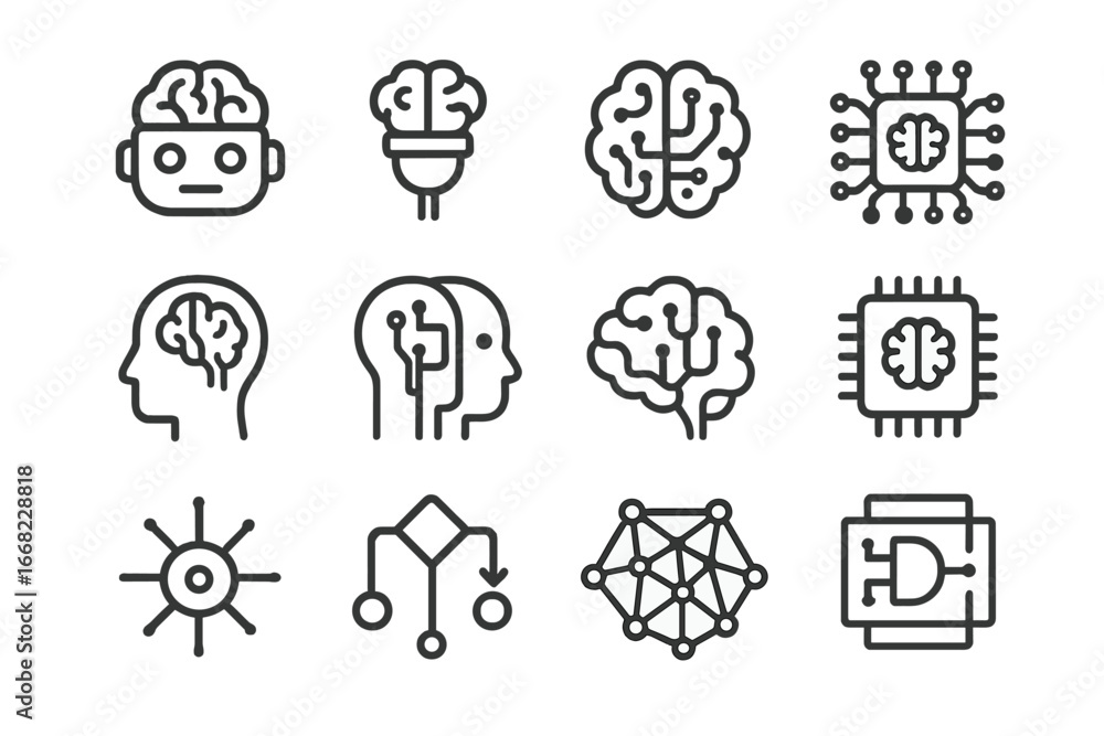 Poster ai integration icons. outline icon set of neural ai integration: cognitive bot, neural plug-in, ai b