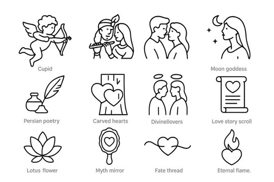 Ancient Love Legends Icons. Outline icon set of ancient love myths and legends: Cupid icon, Krishna and Radha,