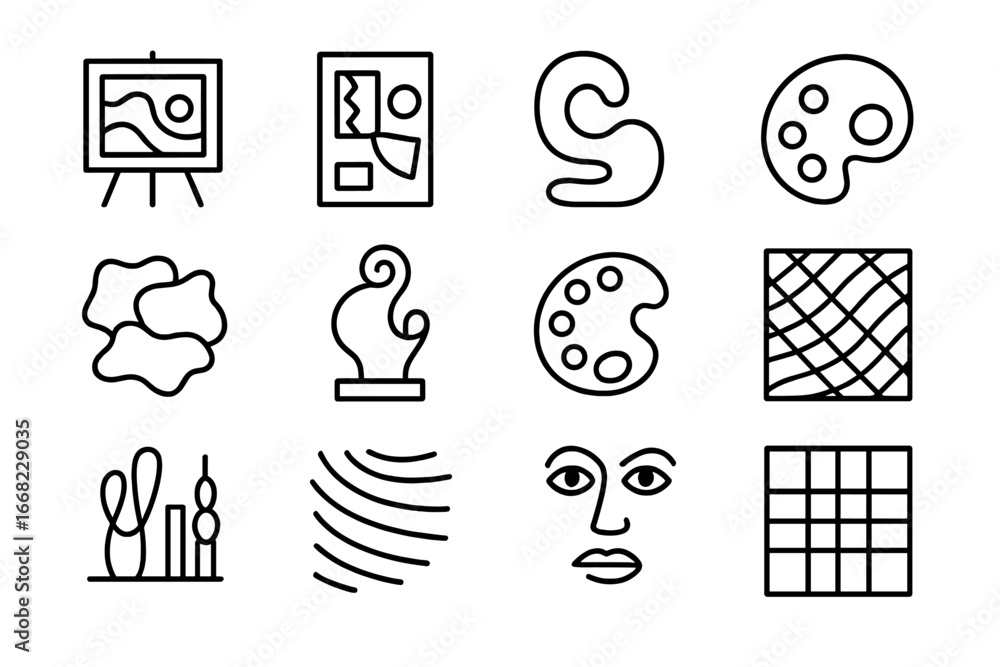 Poster maximalist art icons. outline icon set of maximalist art expression: vibrant canvas, mixed media, ab