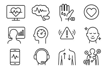 Biofeedback Icon Set. Outline icon set of biofeedback and mental monitoring: heart monitor, EEG line, sweat