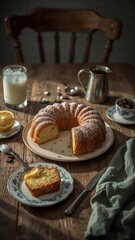 Vertical banner, wallpaper for social media of food photography of homemade bundt cake slices on rustic wooden farmhouse table. Professional commercial shot featuring artisanal ring cake