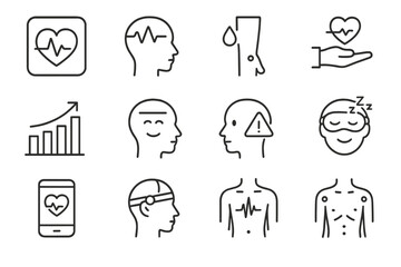 Biofeedback Icon Set. Outline icon set of biofeedback and mental monitoring: heart monitor, EEG line, sweat