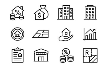 Obraz na płótnie Canvas Real Estate Icons. Outline icon set of real estate investment: rental yield, real estate fund, office building