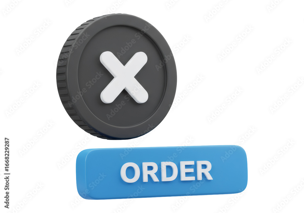 Poster 3d rendered cancel coin icon with blue order button on transparent background