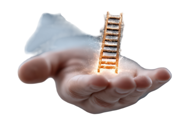 A glowing ladder of opportunity rests in an open hand, symbolizing success and personal growth, isolated on transparent background