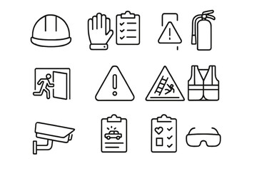 Warehouse Safety Icons. Outline icon set of warehouse safety and compliance: hard hat, safety gloves,
