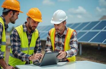 Engineers in hard hats, safety vests collaborate reviewing laptop near solar panels. Teamwork for efficiency, problem-solving in solar energy generation. Professionals inspect site for power plant