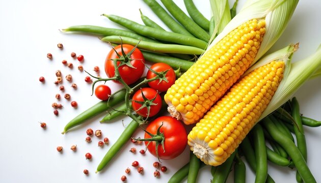 Fresh corn cobs, ripe tomatoes, green beans artfully arranged with red peppercorns on clean white background. Vibrant composition of natural produce evokes summer harvest bounty, healthy eating.