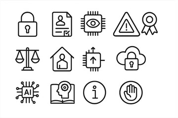 AI Ethics Icon Set. Outline icon set of AI education ethics: privacy lock, consent form, transparency icon,