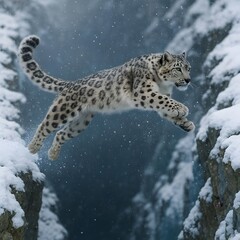 Fototapeta premium A snow leopard leaping across a deep icy ravine