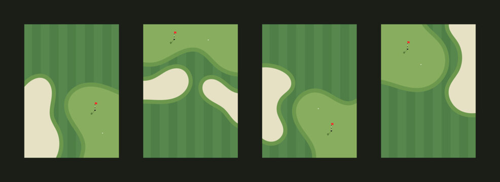 Golf course illustrations. Set of flat style vector illustration of golf course with bunkers, putting green and flag. Golf course illustration for golfing poster, landing page, web banner.