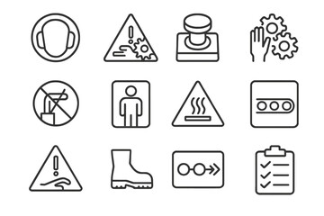 Factory Safety Icons. Outline icon set of factory safety signs: ear protection required, machinery hazard,