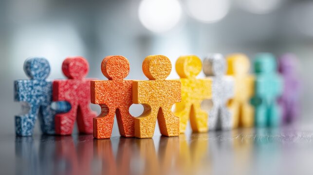Colorful Puzzle People Standing in a Row Representing Diversity and Teamwork