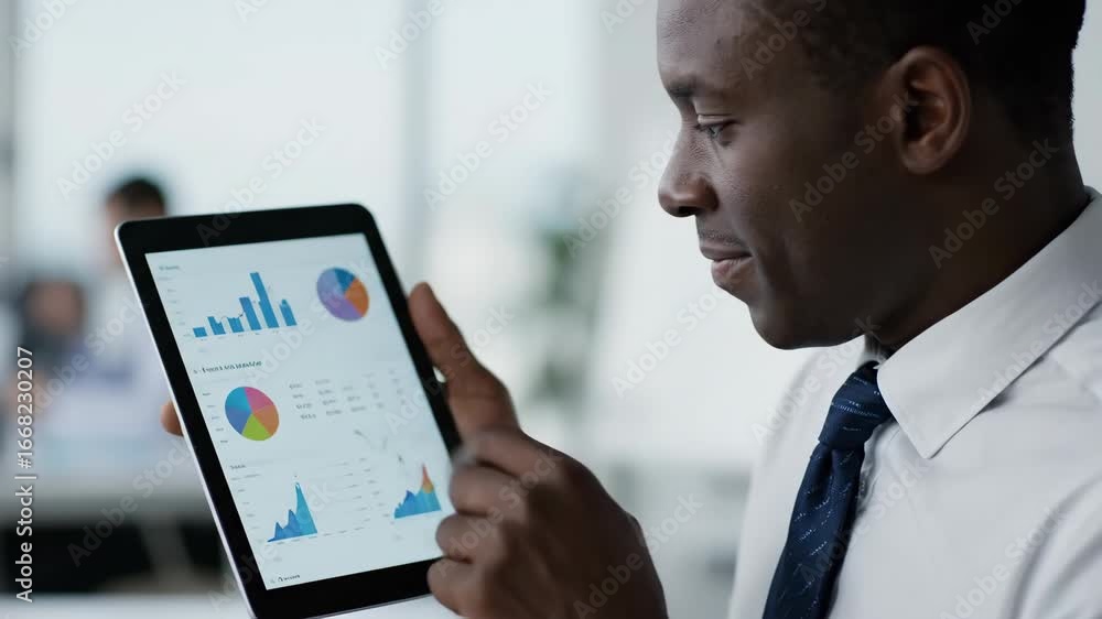 Poster businessman analyzing financial data on tablet - close-up view of a businessman reviewing financial 
