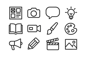 Visual Storytelling Icons. Outline icon set of visual storytelling: storyboard, camera, speech bubble, light