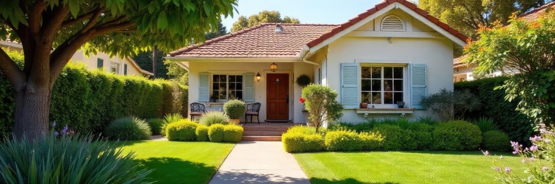 Sun-drenched California bungalow with lush garden, inviting patio, and charming architectural details Perfect for real estate, travel, and lifestyle imagery , Mediterranean, sunlight