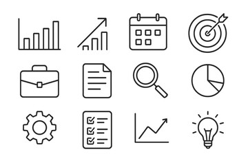 Sales Skills Icons. Outline icon set of sales forecasting skills: chart, arrow up, calendar, target, briefcase
