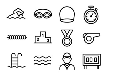 Swimming Icon Set. Outline icon set of competitive swimming: swimmer, goggles, swim cap, stopwatch, lane ropes