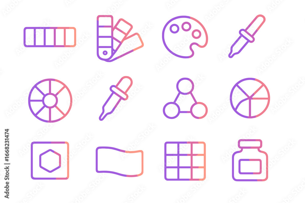 Poster gradient color icon set. outline icon set of gradient color palettes: gradient bar, paint swatch, pa