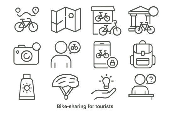 Bike-Sharing Icon Set. Outline icon set of bike-sharing for tourists: sightseeing route, local map, rental