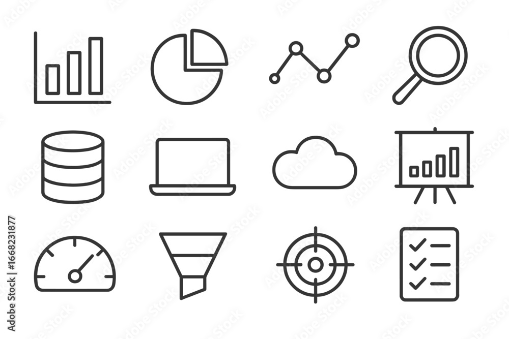 Poster data analytics icons. outline icon set of data analytics for marketing: bar chart, pie chart, line c