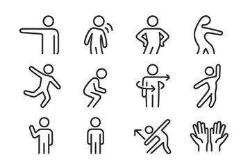Body Movement Icons. Outline icon set of body movement expression: extended arm, head tilt, hip motion, body