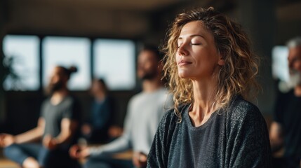 A group of people meditating in a serene indoor environment. A young Caucasian woman with curly hair sits in front, eyes closed, while diverse individuals are visible in the background.