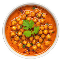 Overhead shot of a bowl of chickpea curry garnished with cilantro. background removed