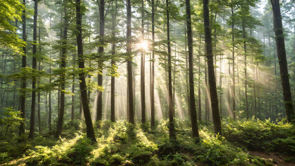 Sunlight Streaming Through a Lush Forest