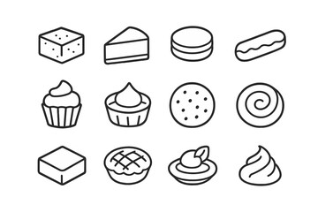 Cafe Desserts Icons. Outline icon set of cafe desserts: brownie, cheesecake slice, macaron, eclair, cupcake,
