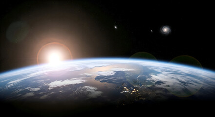 Earth View From Space With Galaxies and City Lights