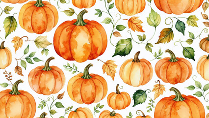 Simple Pattern of Watercolor Pumpkins and Leaves