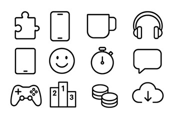 Casual Gaming Icons. Outline icon set of casual gaming: puzzle piece, smartphone, coffee mug, headphones,