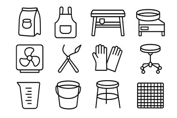 Ceramic Studio Tools. Outline icon set of working in a ceramic studio: clay bag, potter’s apron, workbench,