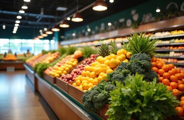 Supermarket produce section offering bright, colorful fresh fruits and vegetables. Abundant variety of healthy food displayed in a clean, spacious, well-lit store interior.