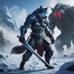 Obraz premium Epic Fantasy Wolf Warrior: Snowy Mountains, Dark Werewolf Threat, Dramatic Showdown.
