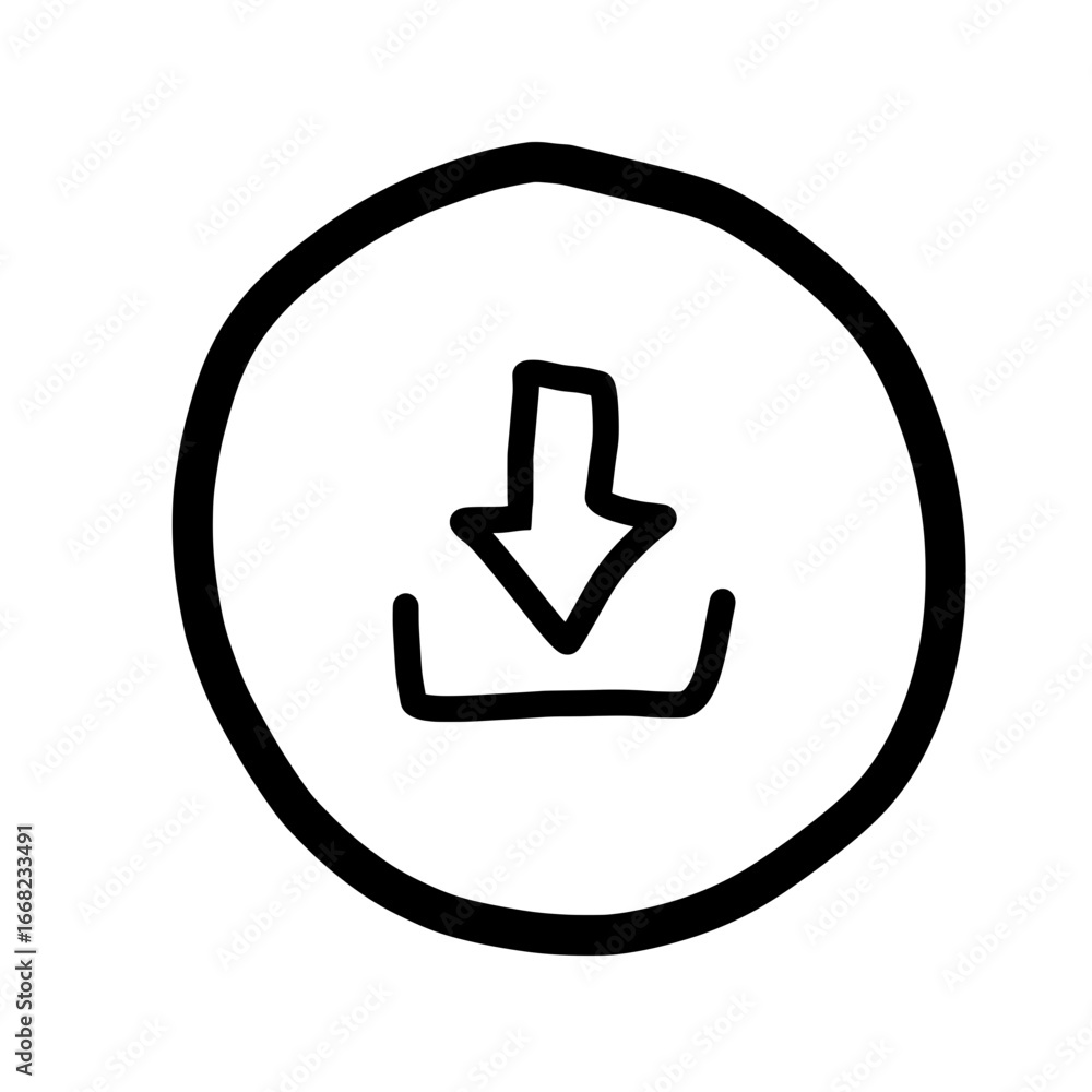 Aufkleber hand drawn download icon with arrow pointing down into a box inside of a circle outline shape