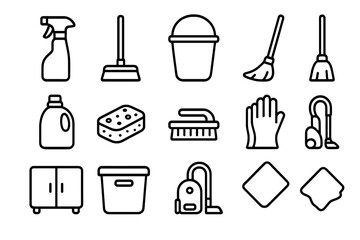 Cleaning Icons Set. Outline icon set of compact cleaning product storage: spray bottle, mop, bucket, broom,