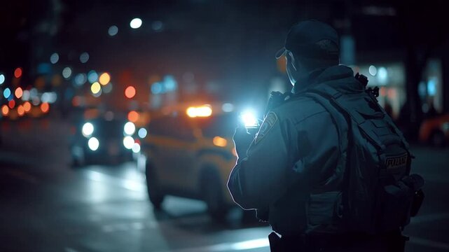 Police officer with flashlight checking surroundings on a bustling city street at night, patrol car nearby, atmosphere tense yet controlled.