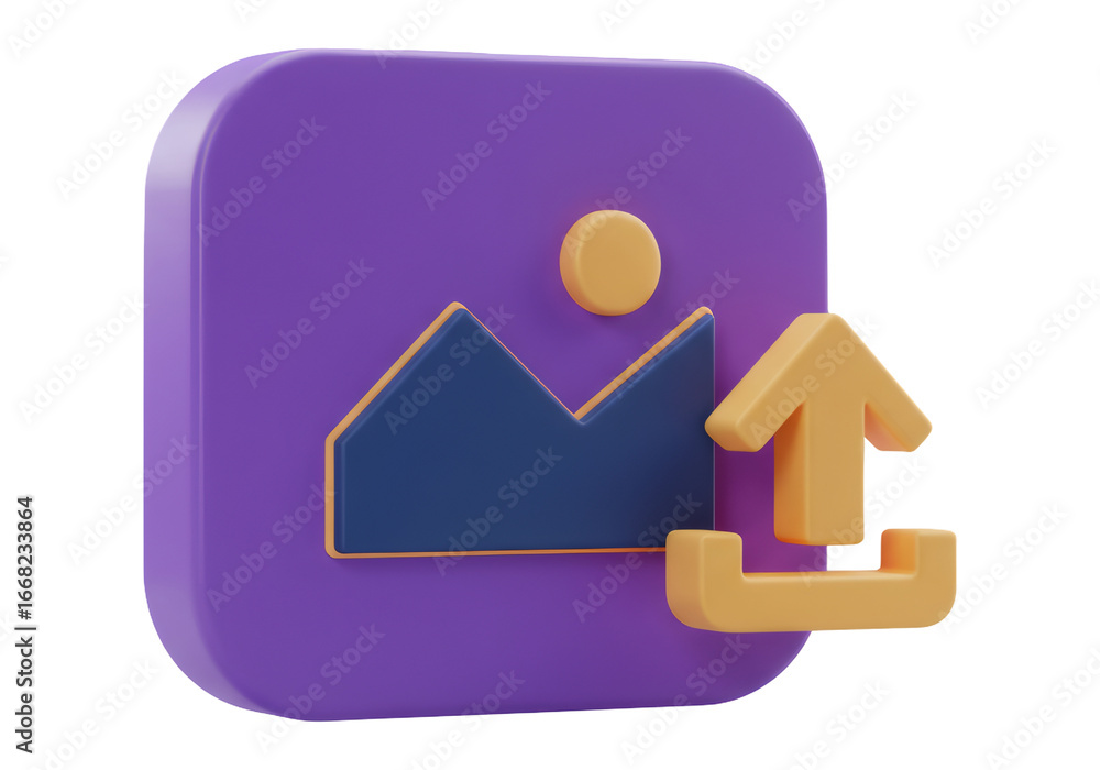 Poster purple upload icon with orange arrow and mountain symbol in abstract 3d render