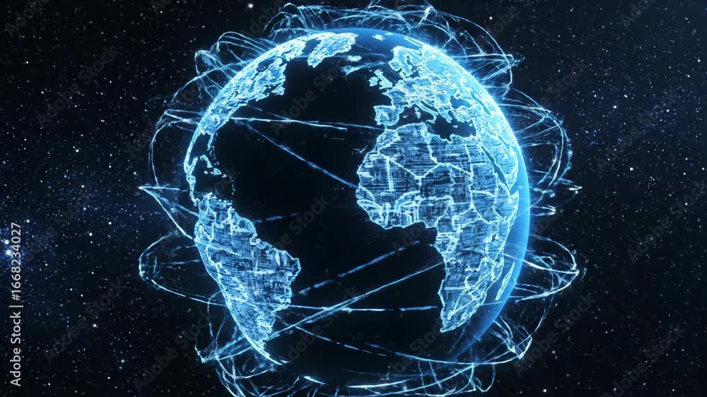Poster global network connectivity - a stylized depiction of the earth with glowing blue lines representing