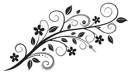 Stylized floral branch with leaves and swirls in black and white decorative flourish design element illustration