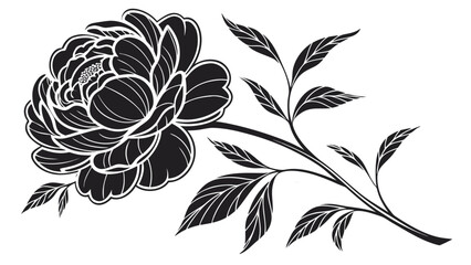 Stylized black and white peony flower with detailed petals and leaves on a curving stem design element