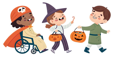 Inclusive Halloween trick-or-treat illustration with kids with disabilities