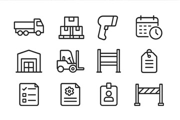 Construction Logistics Icons. Outline vector icons of construction site logistics: materials truck, inventory