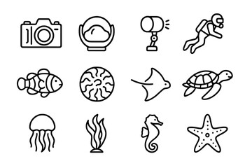 Coral Reef Icon Set. Outline icon set of coral reef photography: underwater camera, dome port, strobe light,