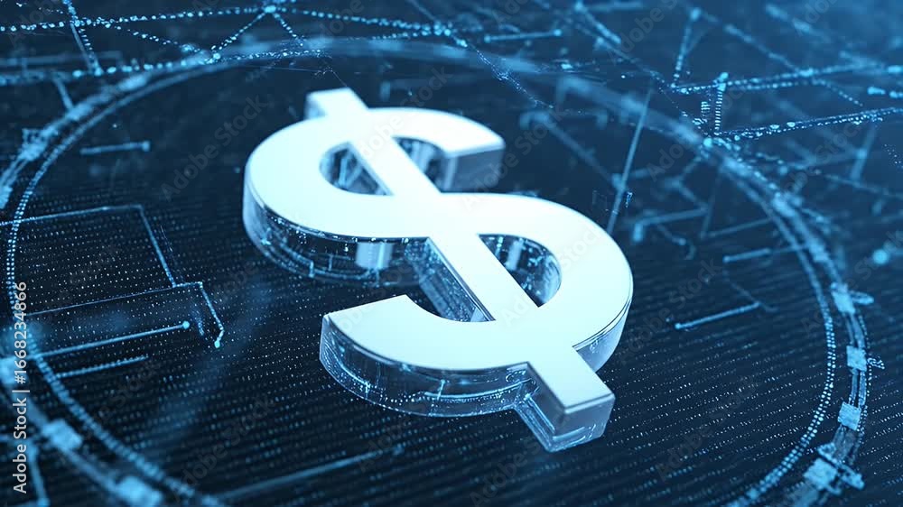 Poster a silver dollar sign on a circuitlike dark blue backdrop with digital lines and circular patterns