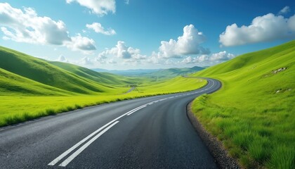 Fototapeta premium Winding asphalt road curves through green rolling hills under bright blue sky with scattered clouds. Empty countryside highway offers sense of freedom, endless journey into horizon. Perfect for